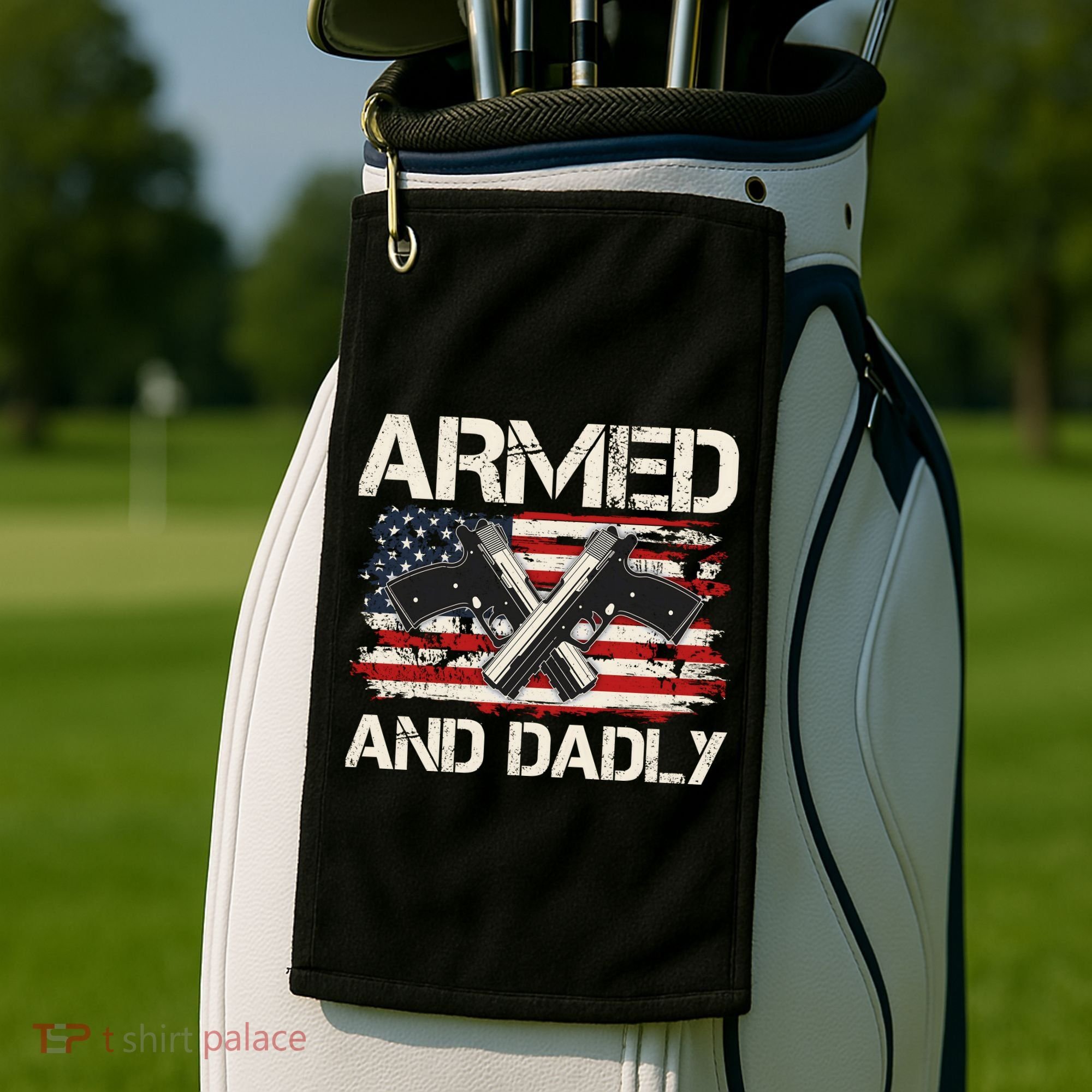 Armed And Dadly Armed And Deadly Daddy Dad Distressed USA American Flag Golf Towel