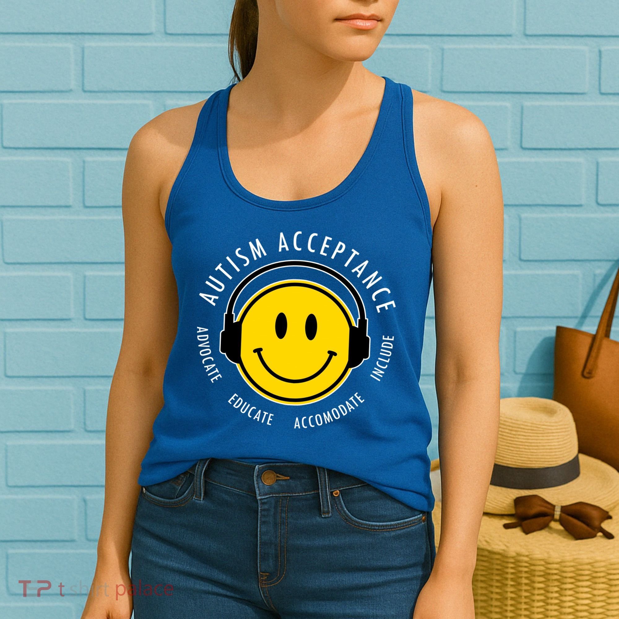 Autism Acceptance Educate Smiley Headphone Women's Tank Top