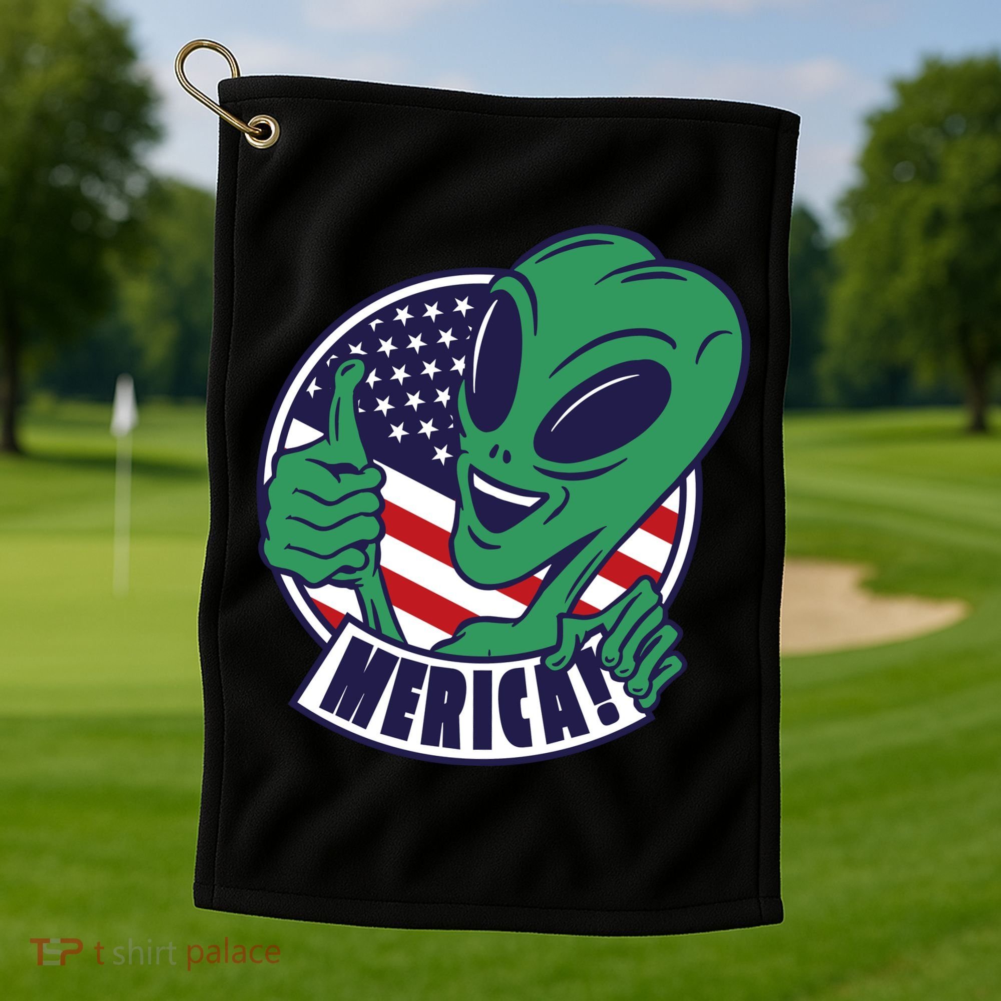 Alien American Flag Funny Merica Golf Towel