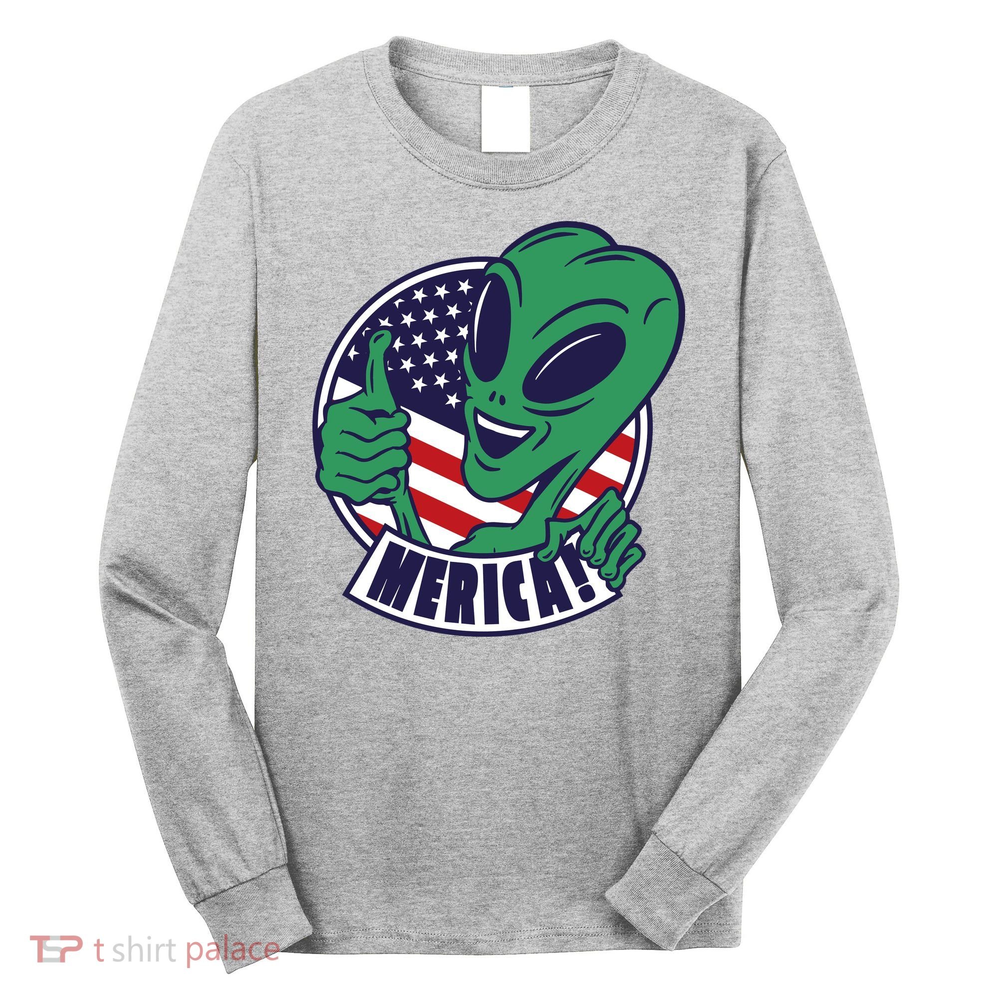 Alien American Flag Funny Merica Long Sleeve Shirt