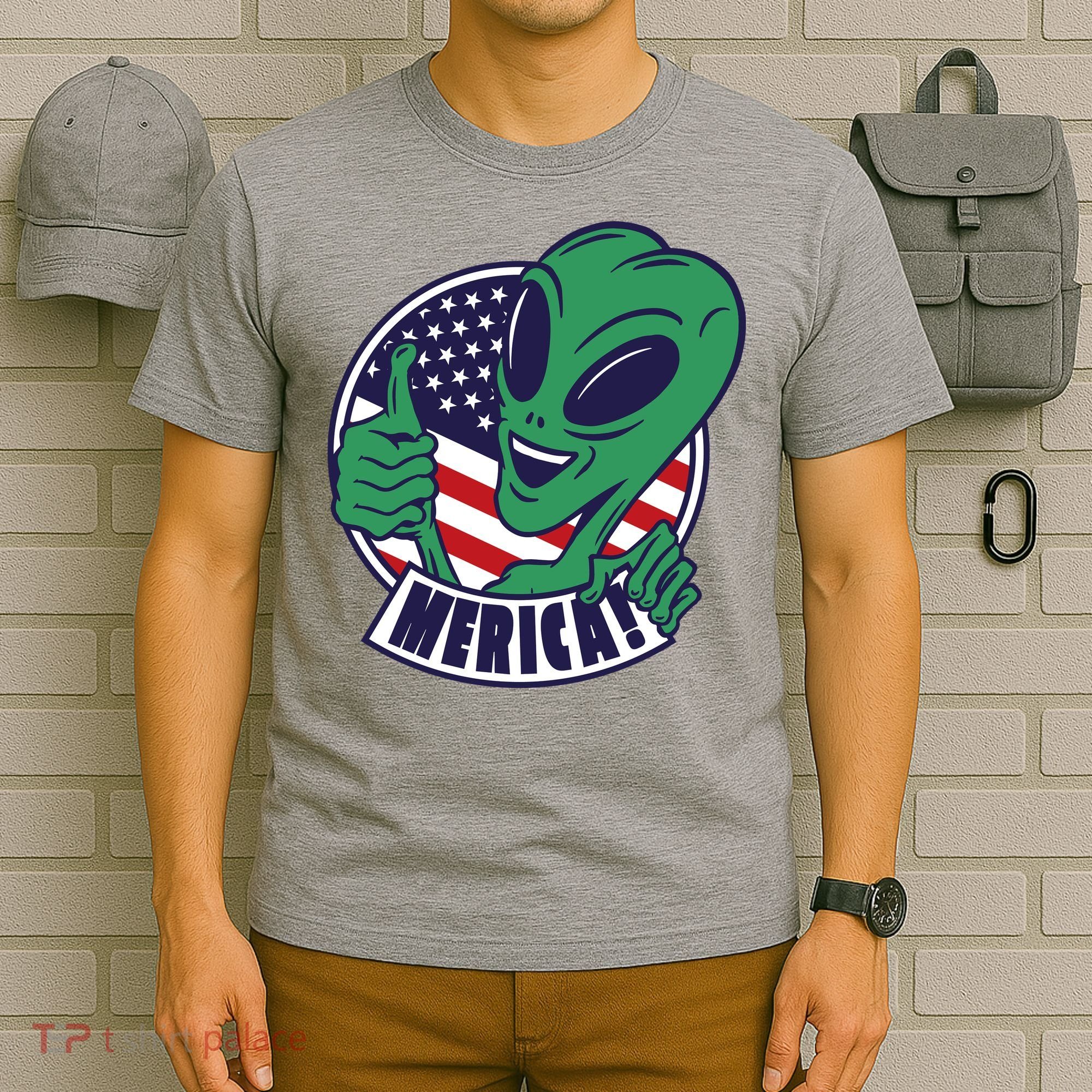 Alien American Flag Funny Merica T-Shirt