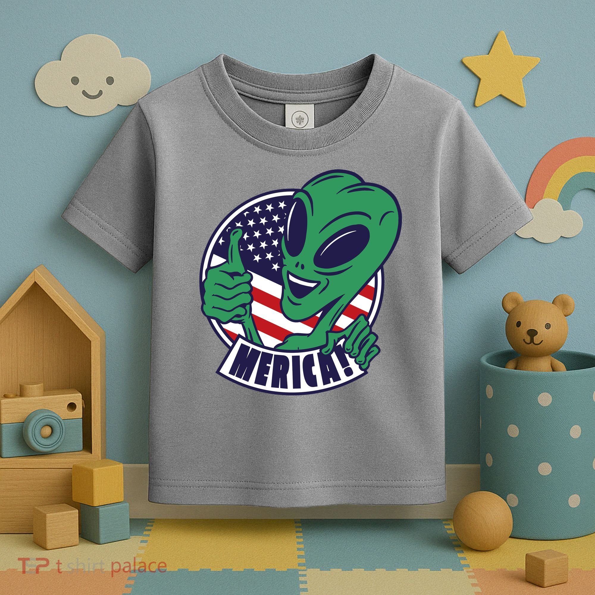 Alien American Flag Funny Merica Toddler T-Shirt