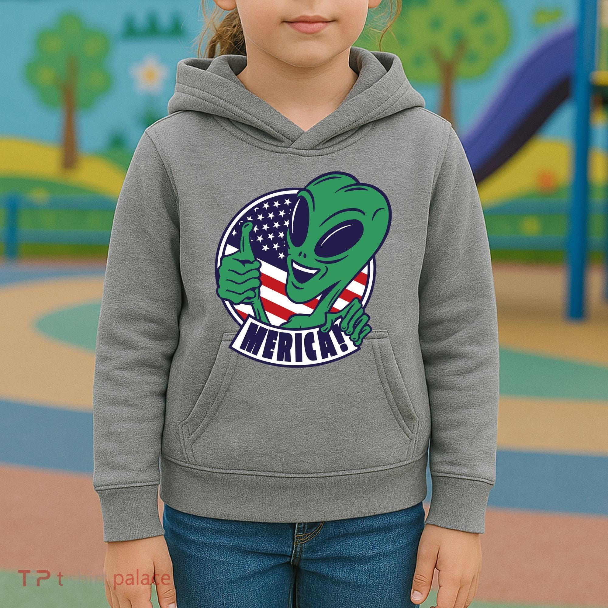 Alien American Flag Funny Merica Kids Hoodie