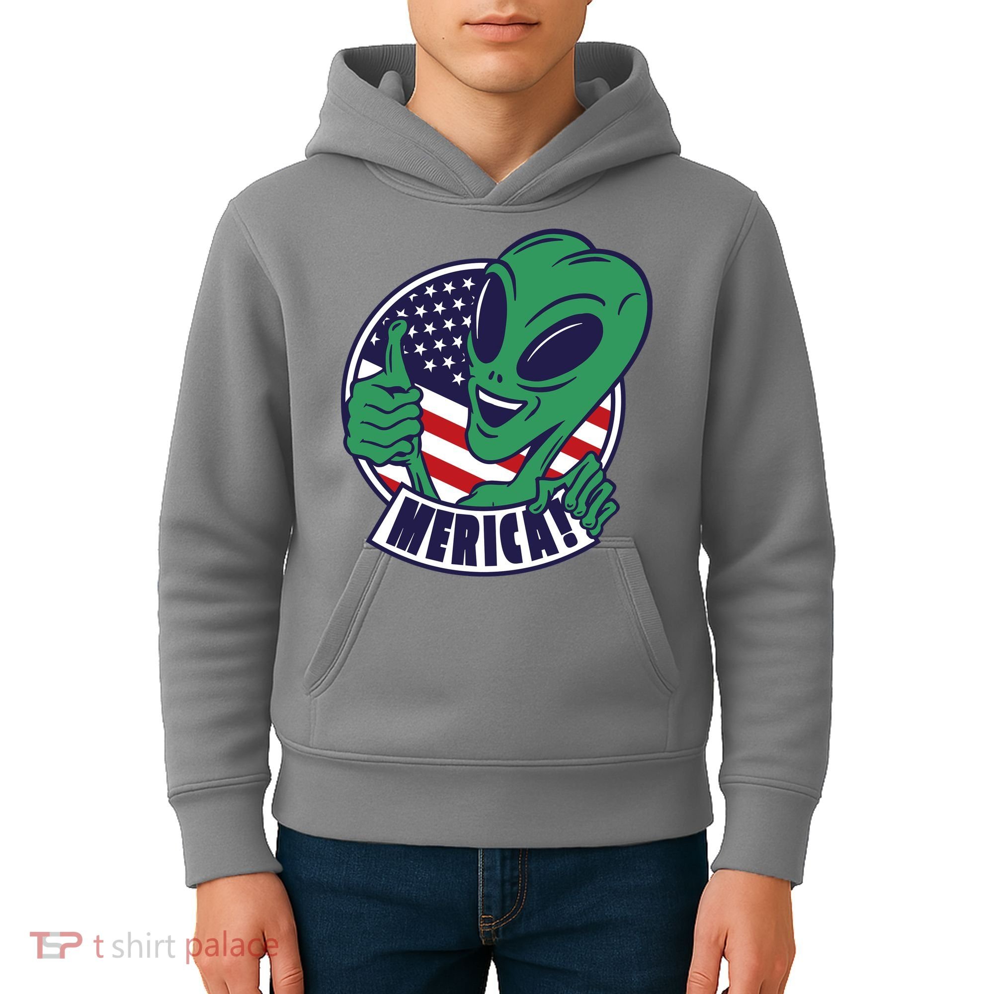 Alien American Flag Funny Merica Kids Hoodie
