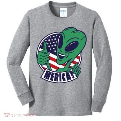 Alien American Flag Funny Merica Kids Long Sleeve Shirt