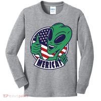Alien American Flag Funny Merica Kids Long Sleeve Shirt thumb 0