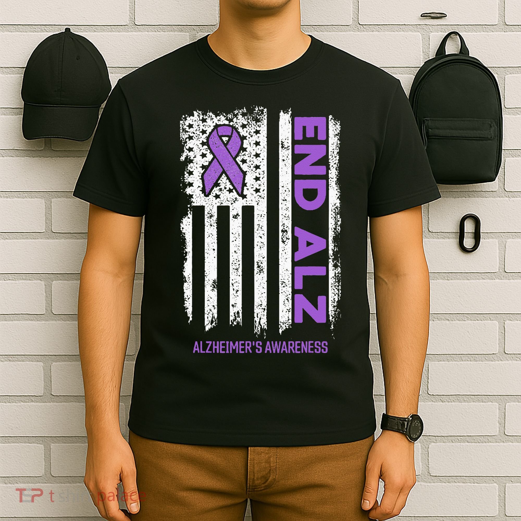 Alzheimers American Flag End Alz Alzheimers Awareness T-Shirt