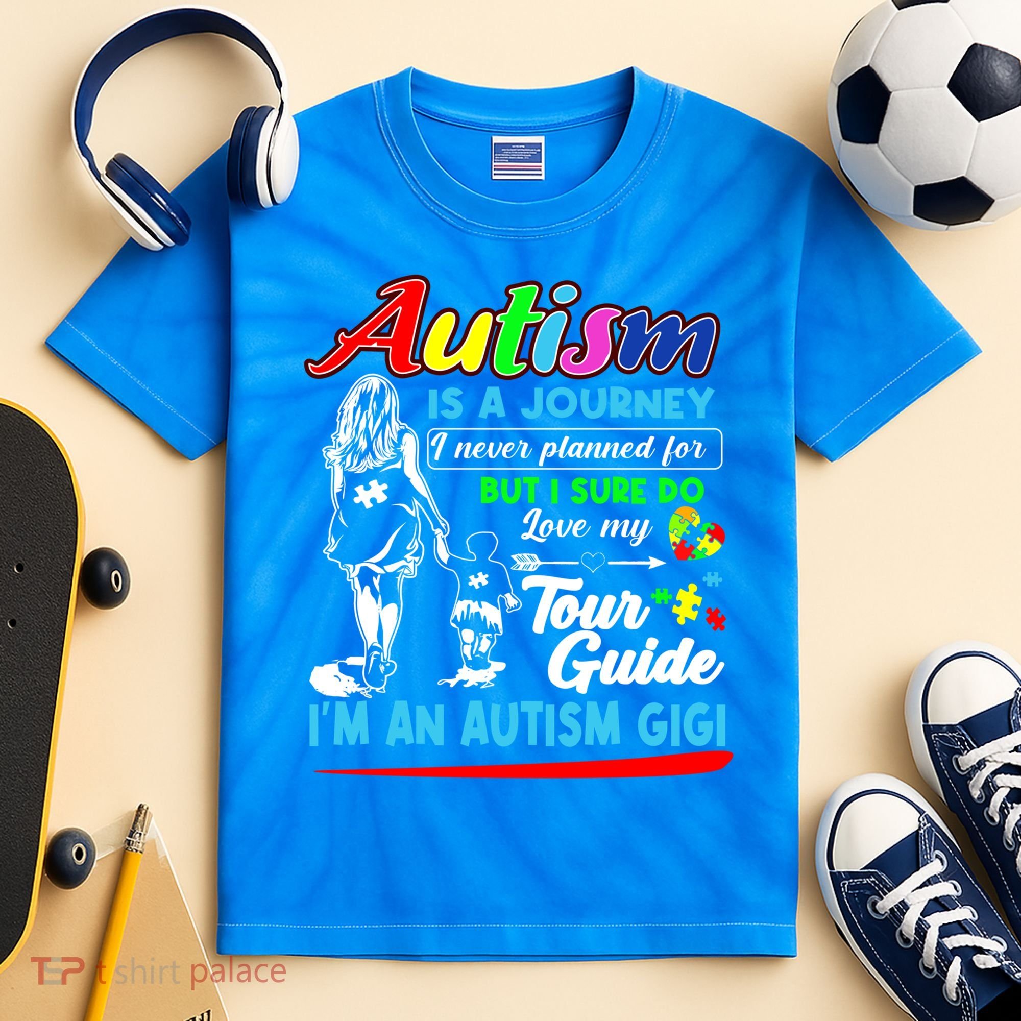 Autism Awareness Gigi Autism Is A Journey Gift Kids Tie-Dye T-Shirt