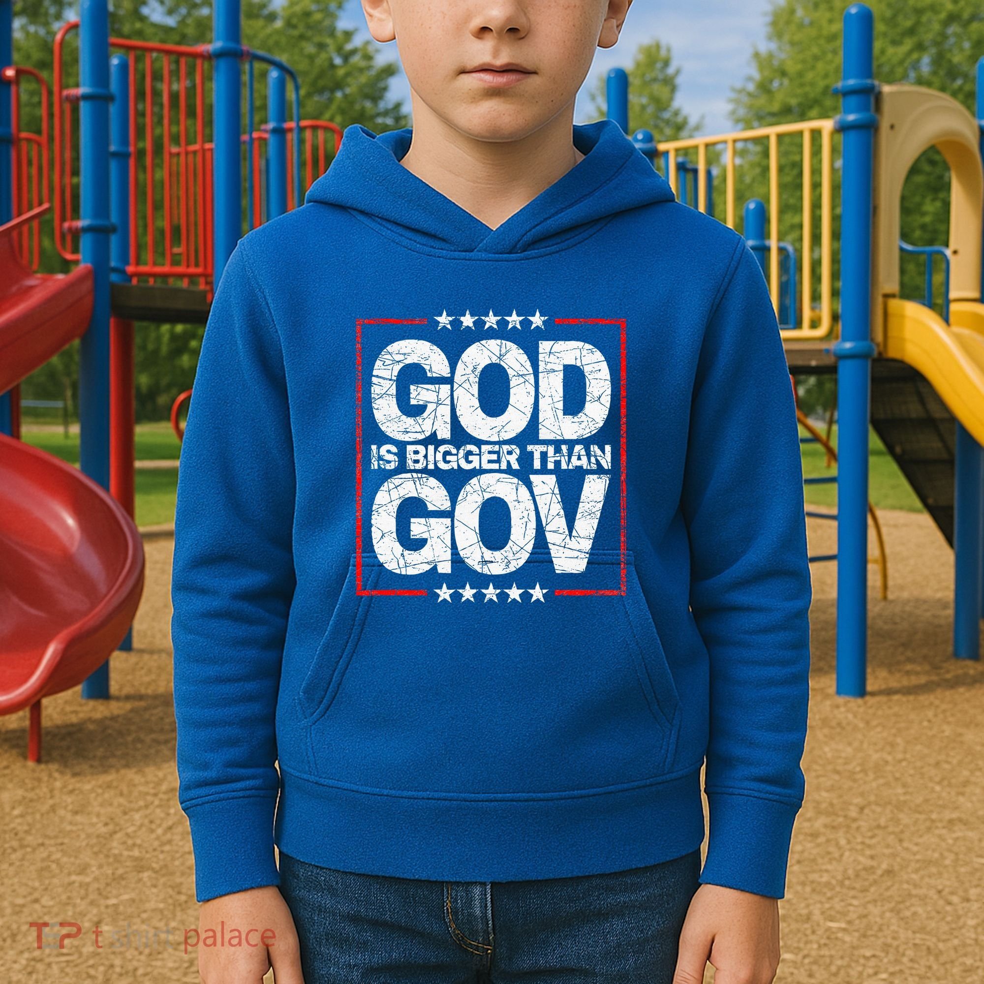 Antiwoke Antigovernment God Bigger Than Gov Kids Hoodie