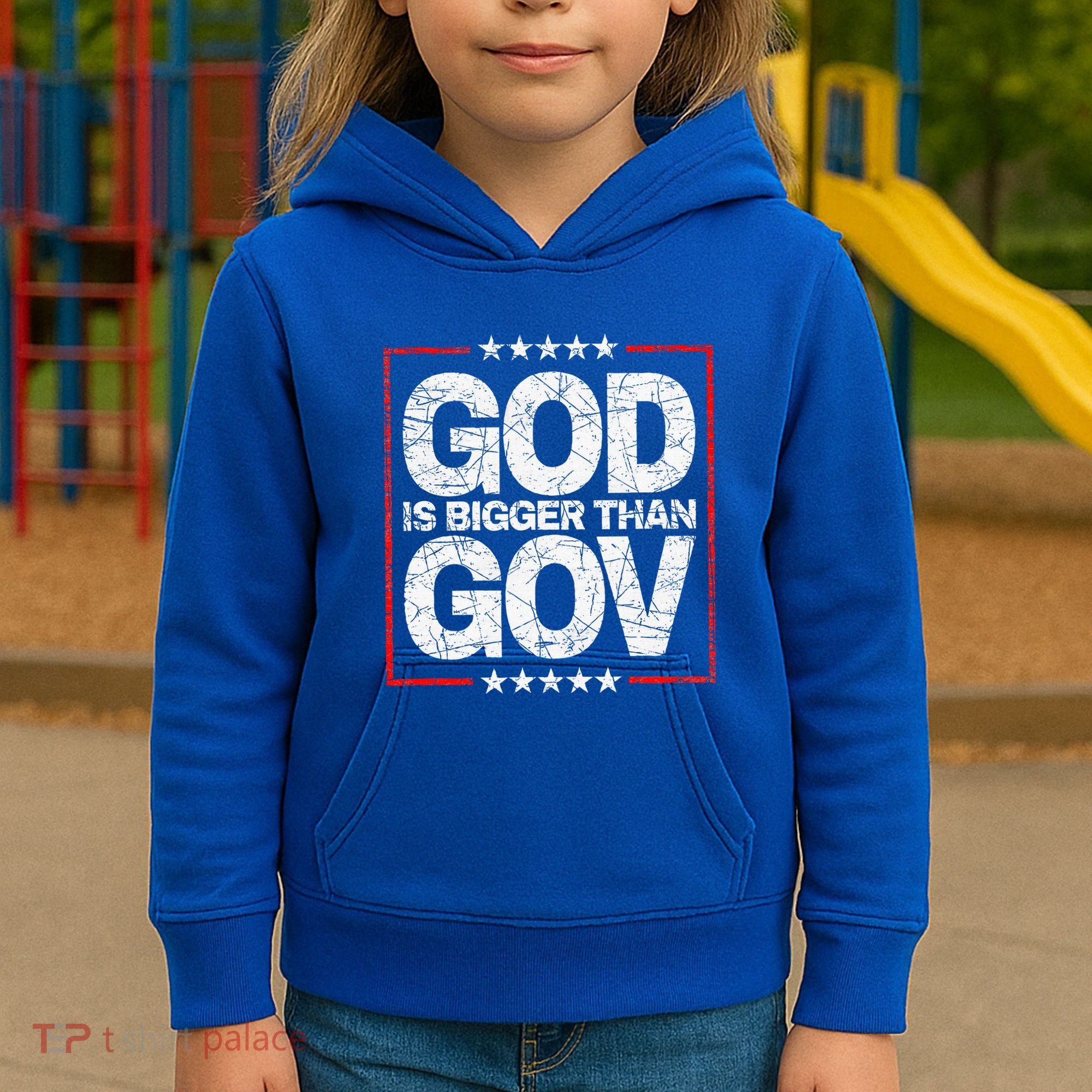 Antiwoke Antigovernment God Bigger Than Gov Kids Hoodie
