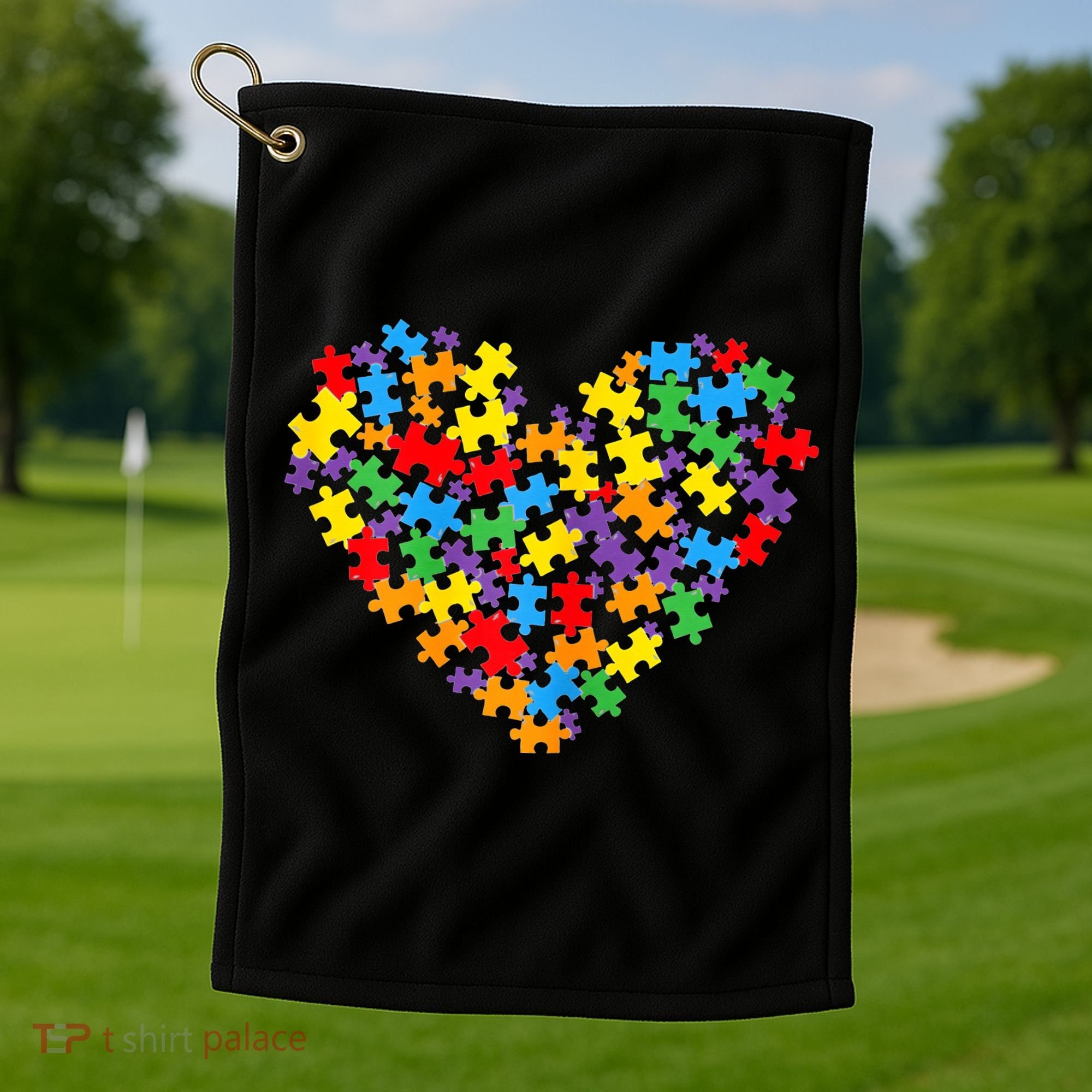 Autism Awareness Heart Valentine Day Puzzle Piece Golf Towel