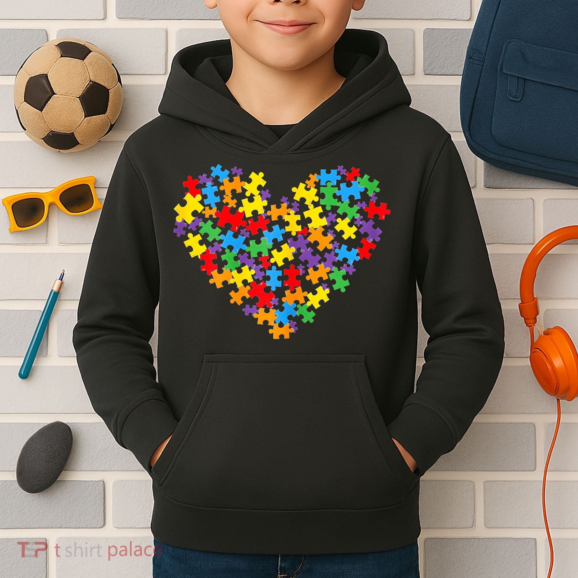 Autism Awareness Heart Valentine Day Puzzle Piece Kids Hoodie