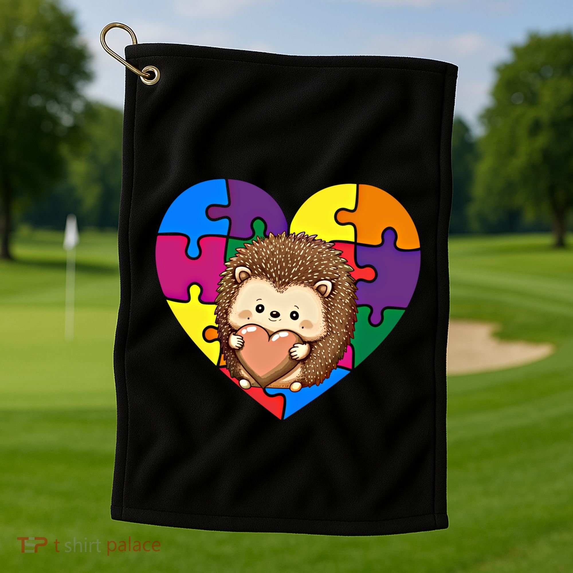 Autism Awareness Hedgehog Heart ValentineS Day Puzzle Piece Funny Gift Golf Towel