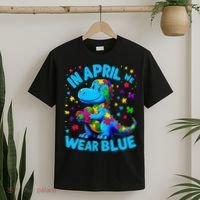 Autism Awareness In April We Wear Blue T-Rex Dino T-Shirt thumb 2