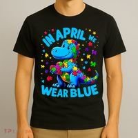 Autism Awareness In April We Wear Blue T-Rex Dino T-Shirt thumb 3