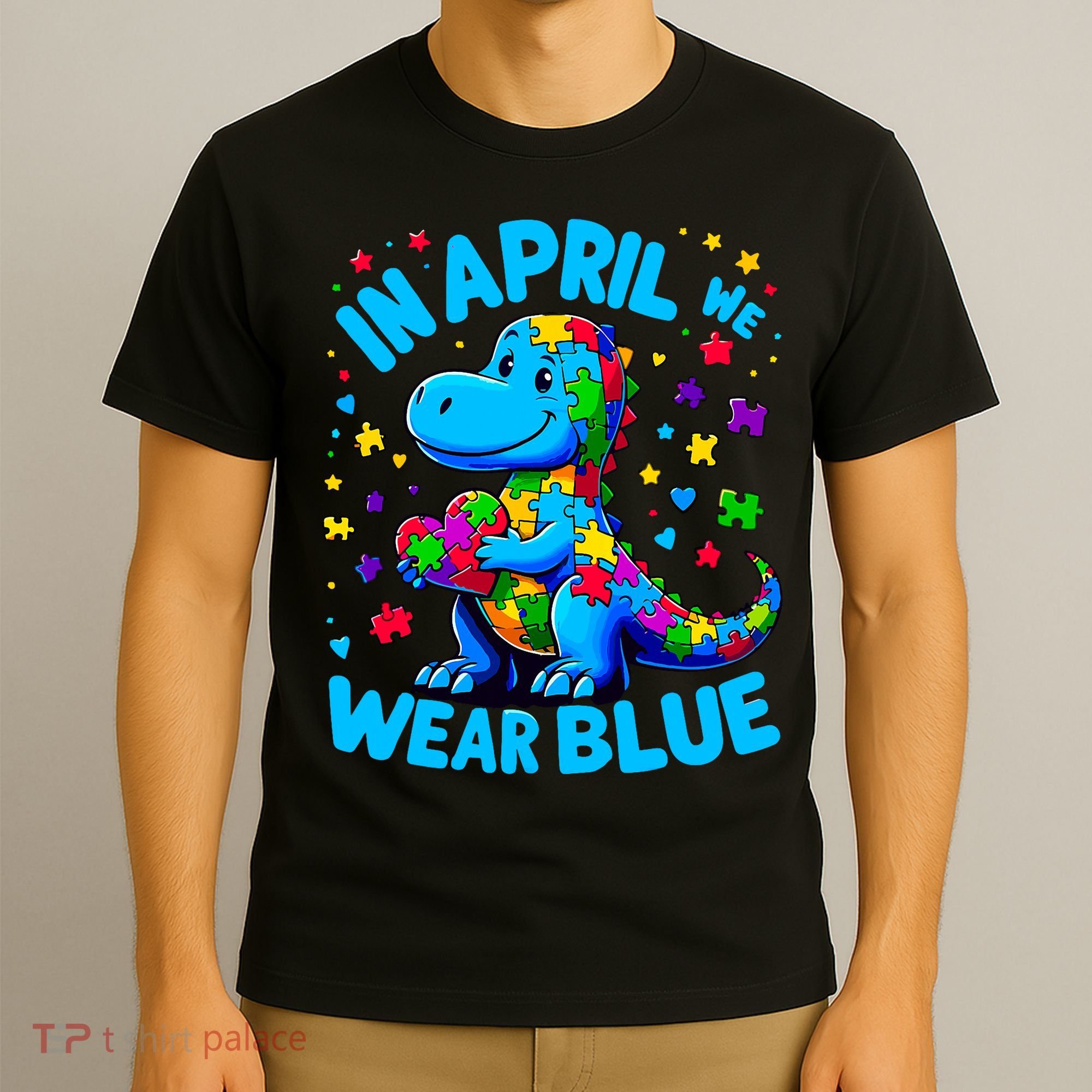 Autism Awareness In April We Wear Blue T-Rex Dino T-Shirt