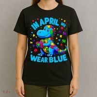 Autism Awareness In April We Wear Blue T-Rex Dino T-Shirt thumb 4