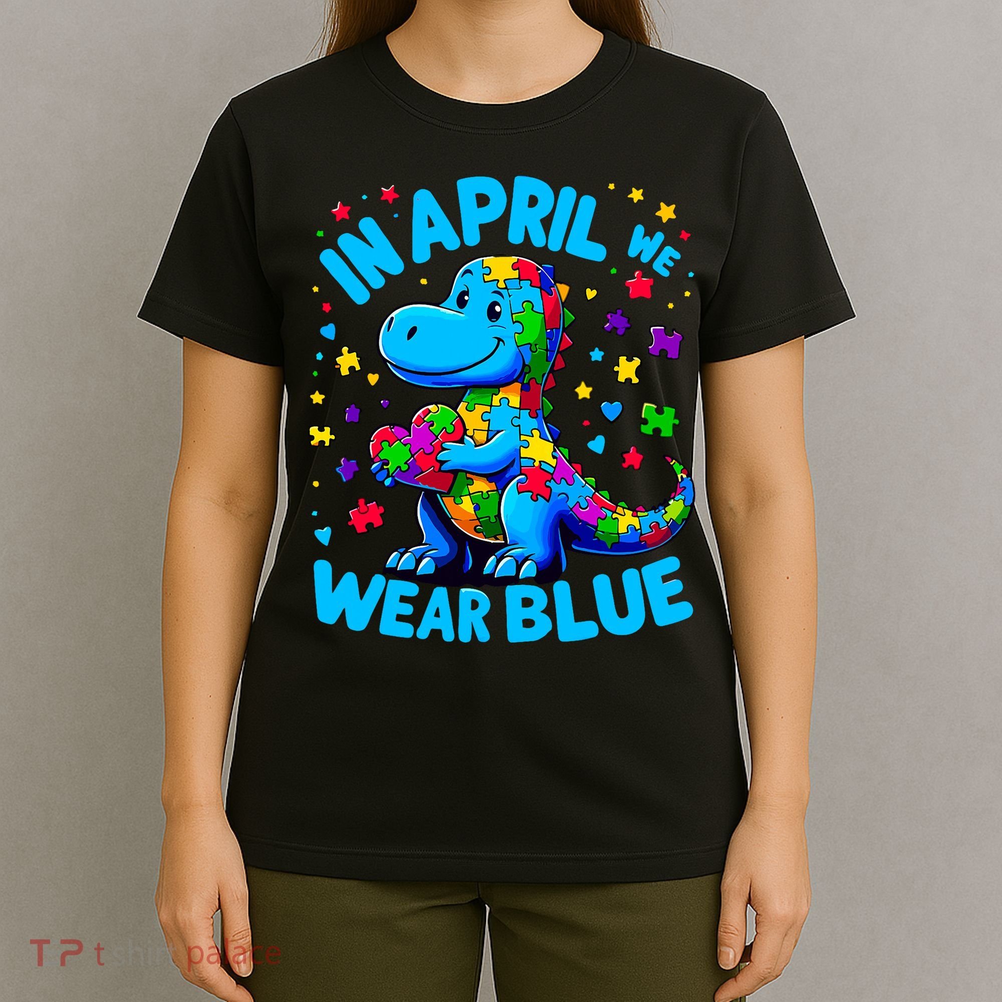 Autism Awareness In April We Wear Blue T-Rex Dino T-Shirt