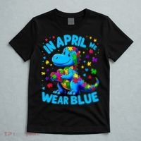 Autism Awareness In April We Wear Blue T-Rex Dino T-Shirt thumb 5