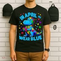 Autism Awareness In April We Wear Blue T-Rex Dino T-Shirt thumb 6