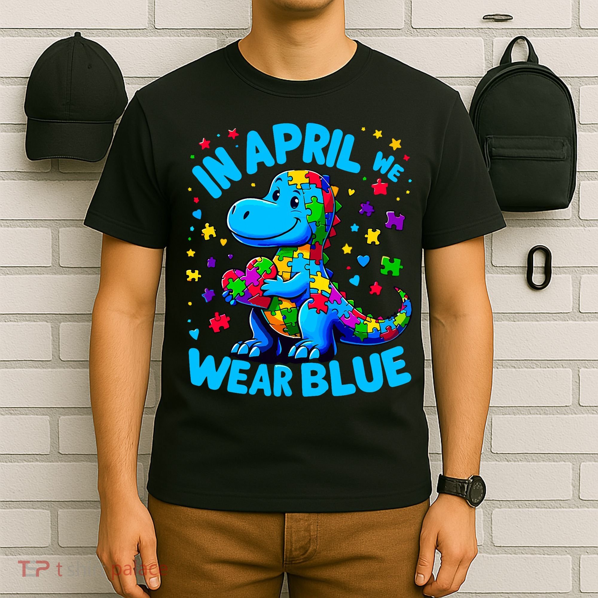 Autism Awareness In April We Wear Blue T-Rex Dino T-Shirt