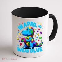 Autism Awareness In April We Wear Blue T-Rex Dino Coffee Mug thumb 1
