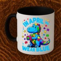 Autism Awareness In April We Wear Blue T-Rex Dino Coffee Mug thumb 2