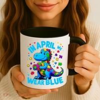 Autism Awareness In April We Wear Blue T-Rex Dino Coffee Mug thumb 3