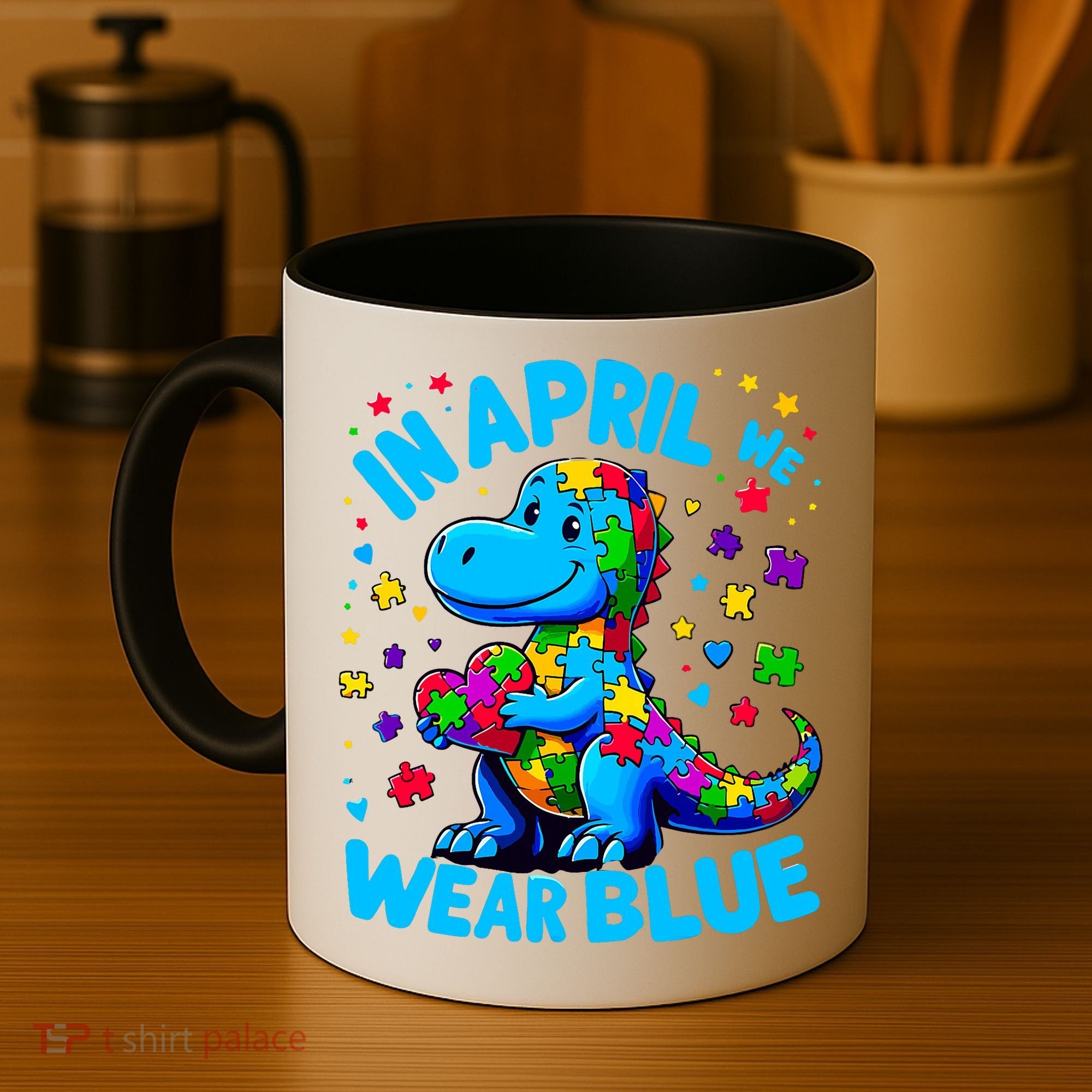 Autism Awareness In April We Wear Blue T-Rex Dino Coffee Mug