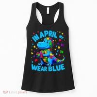 Autism Awareness In April We Wear Blue T-Rex Dino Women's Tank Top thumb 0