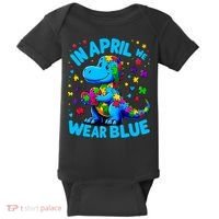 Autism Awareness In April We Wear Blue T-Rex Dino Baby Bodysuit thumb 0