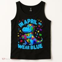 Autism Awareness In April We Wear Blue T-Rex Dino Tank Top thumb 2