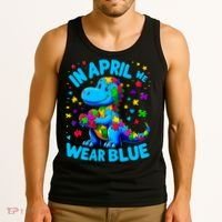 Autism Awareness In April We Wear Blue T-Rex Dino Tank Top thumb 3