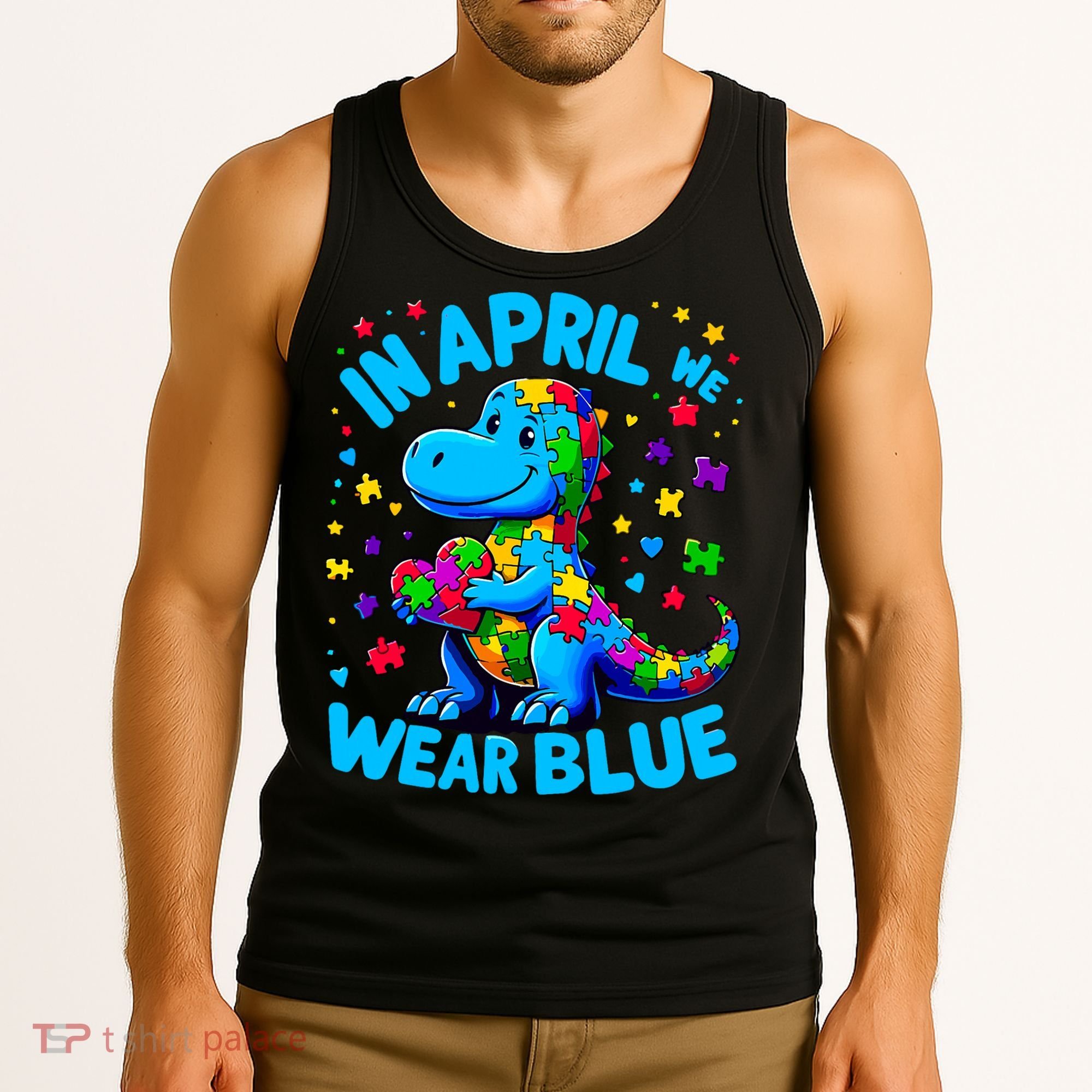 Autism Awareness In April We Wear Blue T-Rex Dino Tank Top