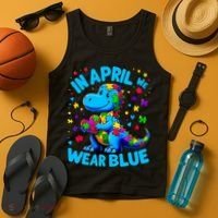 Autism Awareness In April We Wear Blue T-Rex Dino Tank Top thumb 4