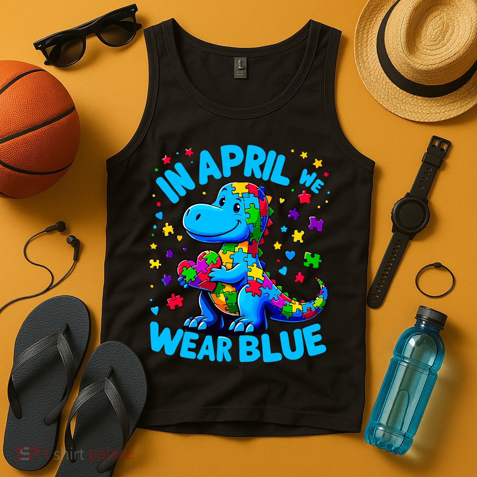 Autism Awareness In April We Wear Blue T-Rex Dino Tank Top
