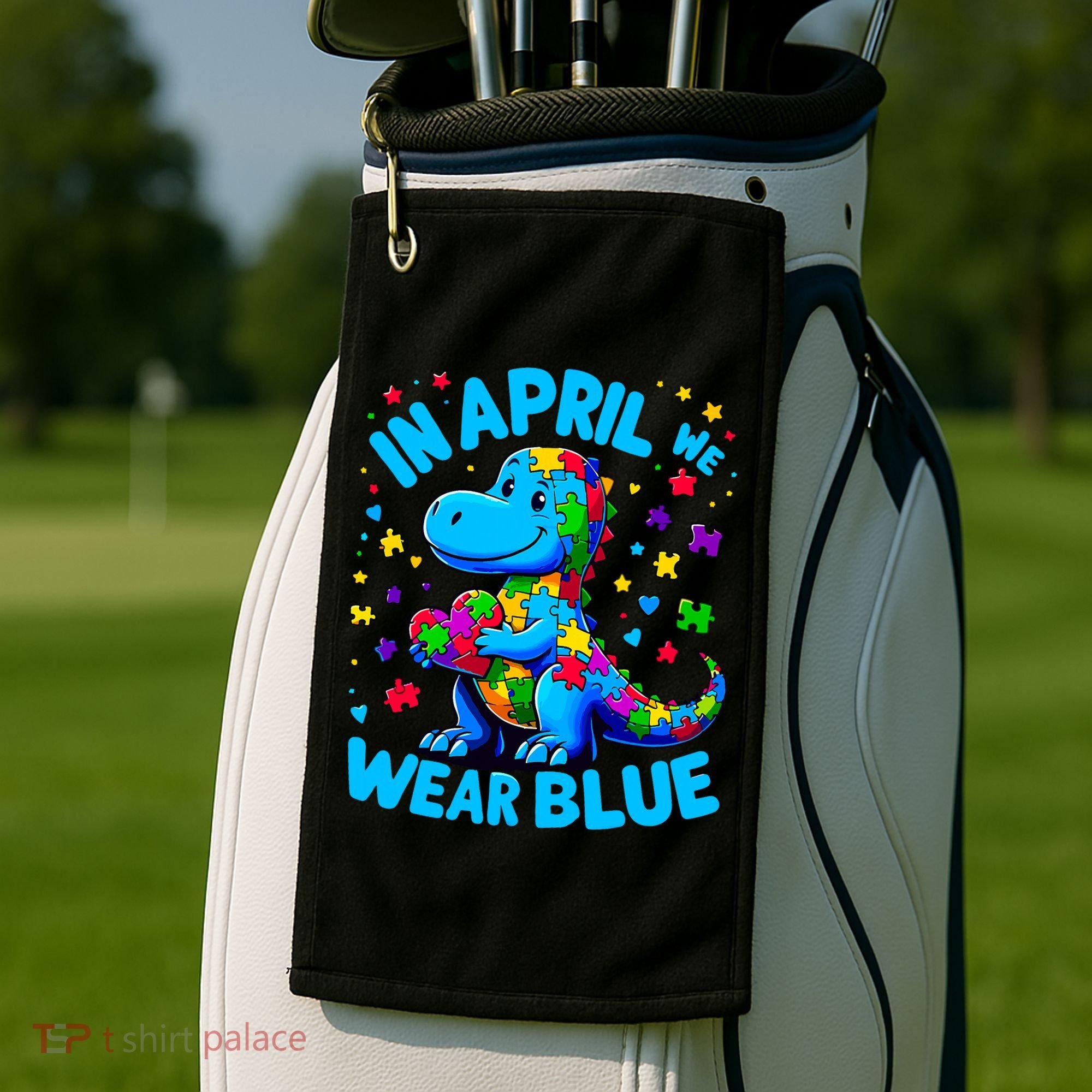Autism Awareness In April We Wear Blue T-Rex Dino Golf Towel