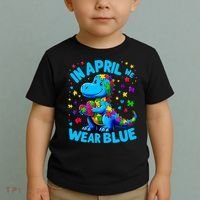 Autism Awareness In April We Wear Blue T-Rex Dino Toddler T-Shirt thumb 2