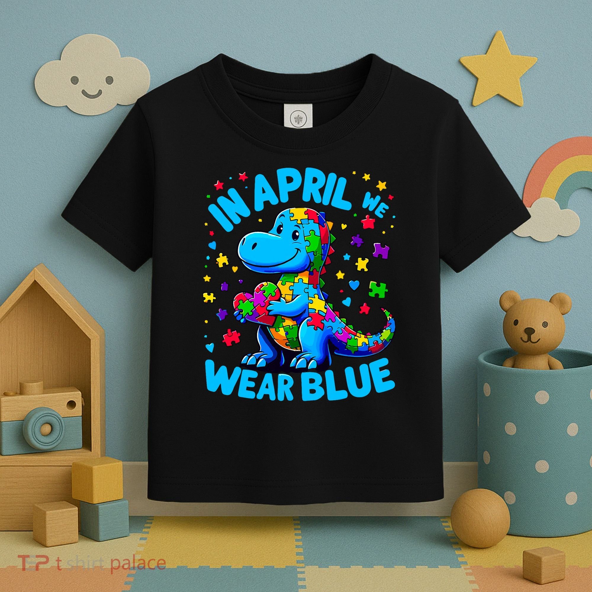 Autism Awareness In April We Wear Blue T-Rex Dino Toddler T-Shirt