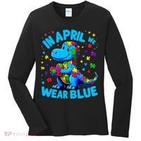 Autism Awareness In April We Wear Blue T-Rex Dino Women's Long Sleeve Shirt thumb 0