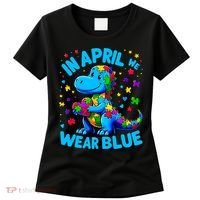 Autism Awareness In April We Wear Blue T-Rex Dino Women's T-Shirt thumb 0