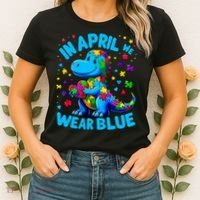 Autism Awareness In April We Wear Blue T-Rex Dino Women's T-Shirt thumb 2