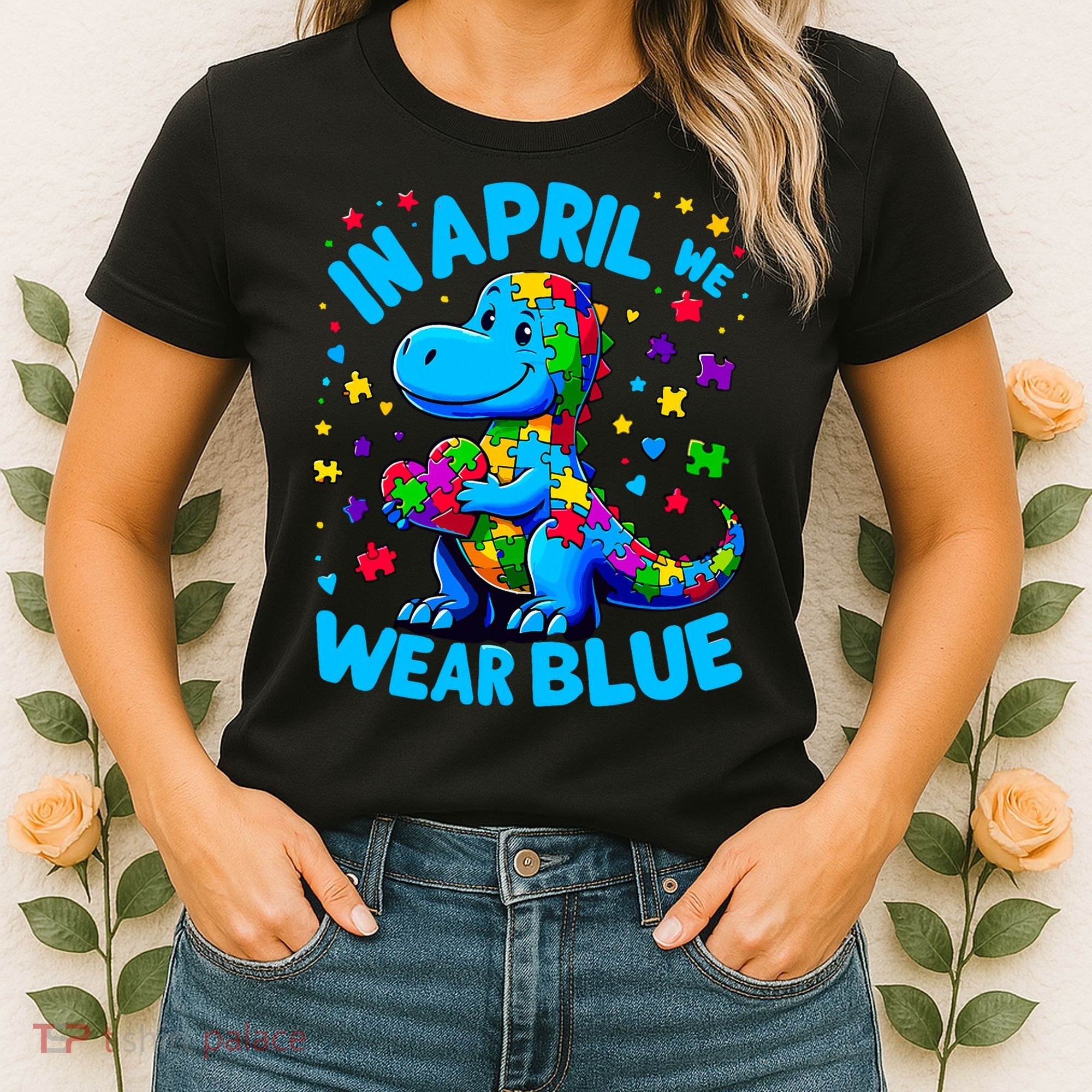 Autism Awareness In April We Wear Blue T-Rex Dino Women's T-Shirt