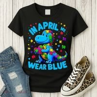 Autism Awareness In April We Wear Blue T-Rex Dino Women's T-Shirt thumb 3