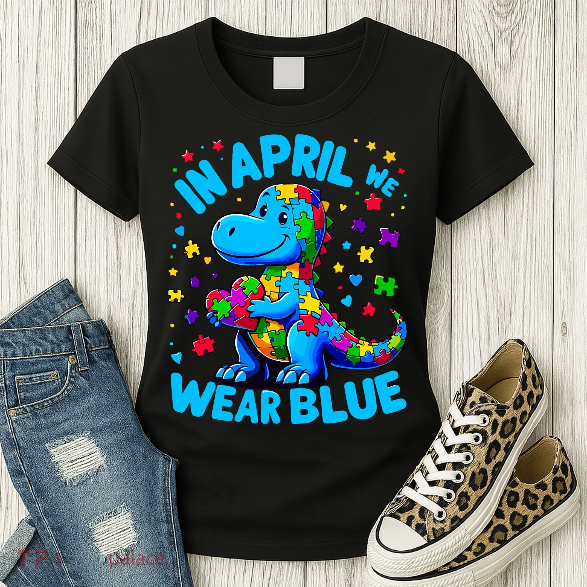 Autism Awareness In April We Wear Blue T-Rex Dino Women's T-Shirt