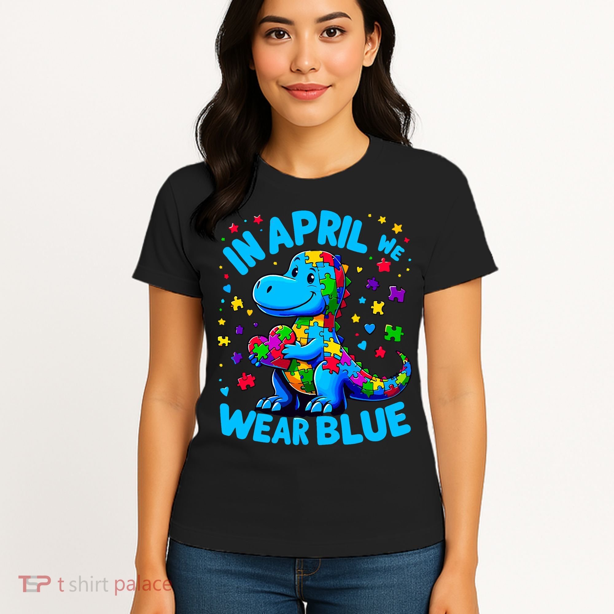 Autism Awareness In April We Wear Blue T-Rex Dino Women's T-Shirt