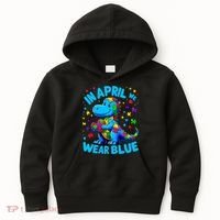 Autism Awareness In April We Wear Blue T-Rex Dino Kids Hoodie thumb 0