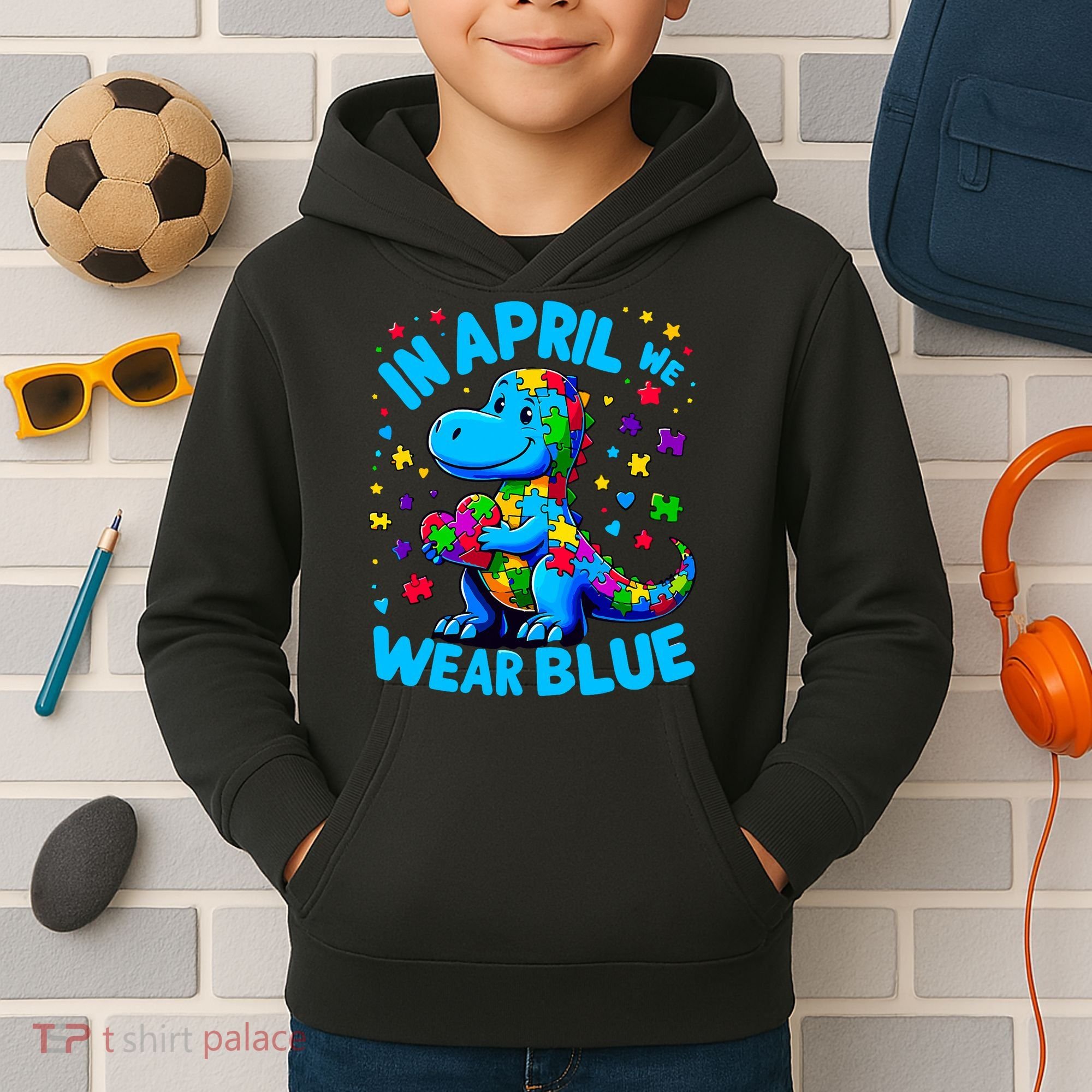 Autism Awareness In April We Wear Blue T-Rex Dino Kids Hoodie