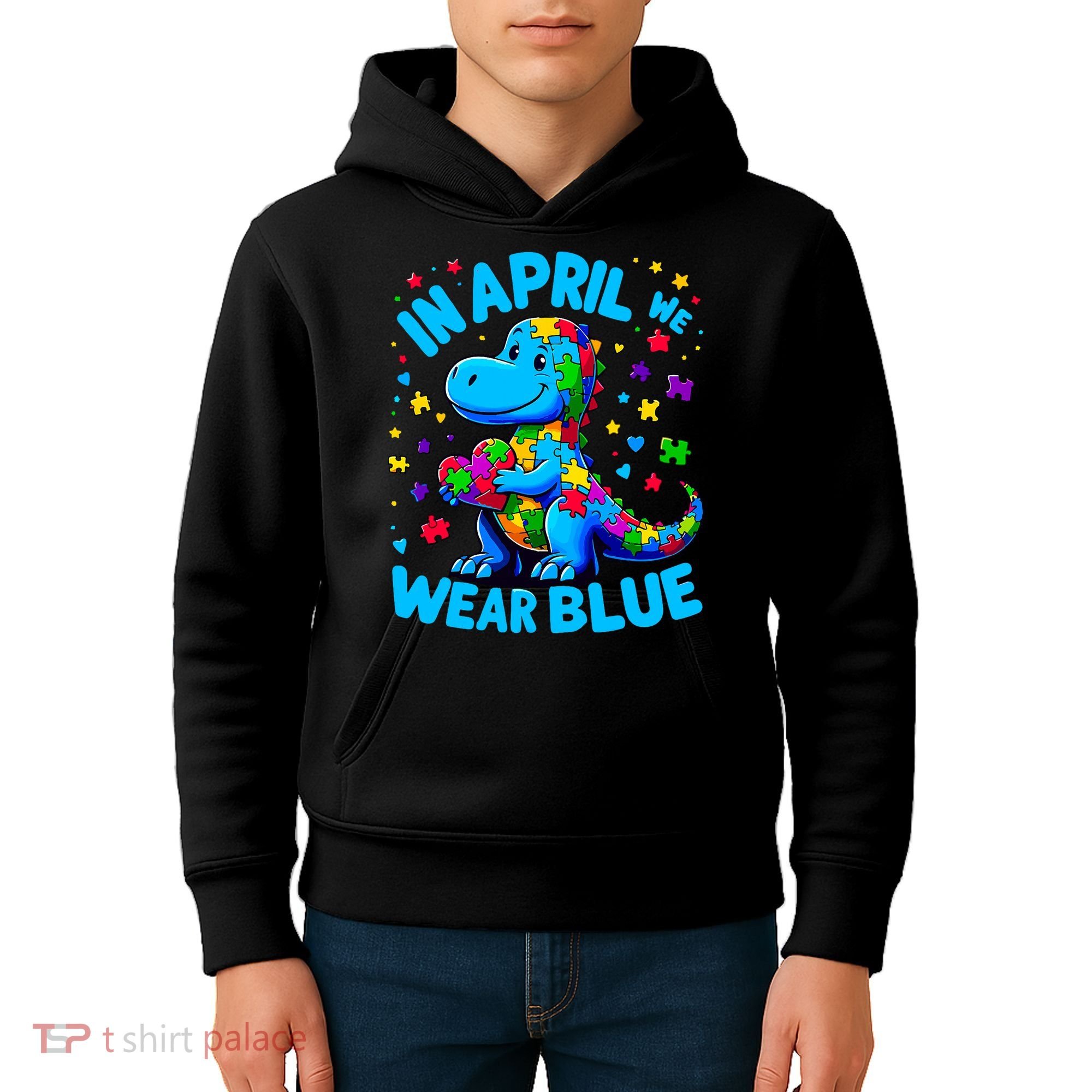 Autism Awareness In April We Wear Blue T-Rex Dino Kids Hoodie