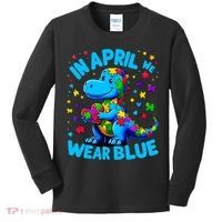 Autism Awareness In April We Wear Blue T-Rex Dino Kids Long Sleeve Shirt thumb 0